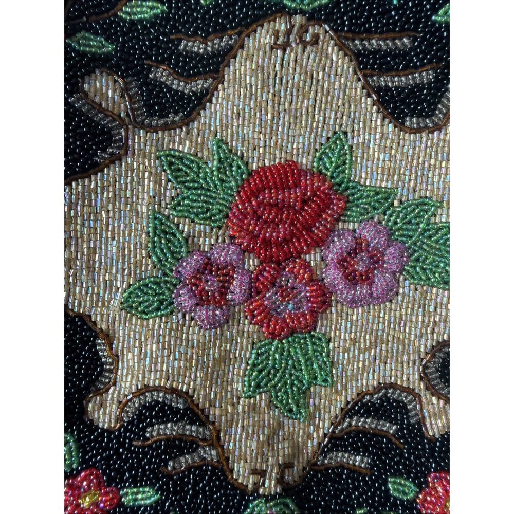 Vintage Hand Beaded Purse Black Colorful Roses Bag 1950 1960 flapper party - Picture 3 of 16